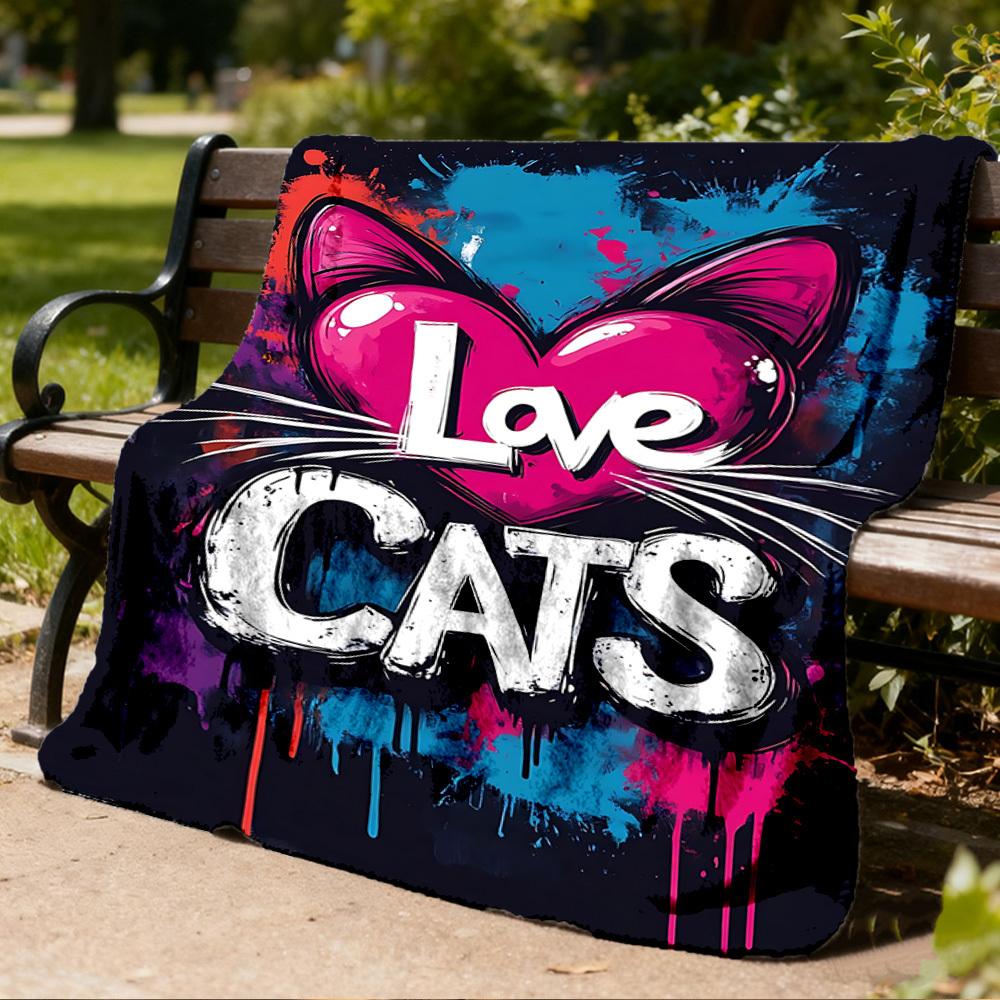 1pc Love Cats Print Outdoor Flannel Blanket Soft All Season Polyester Throw , Perfect for Picnics & Travel , Picnic Accessory