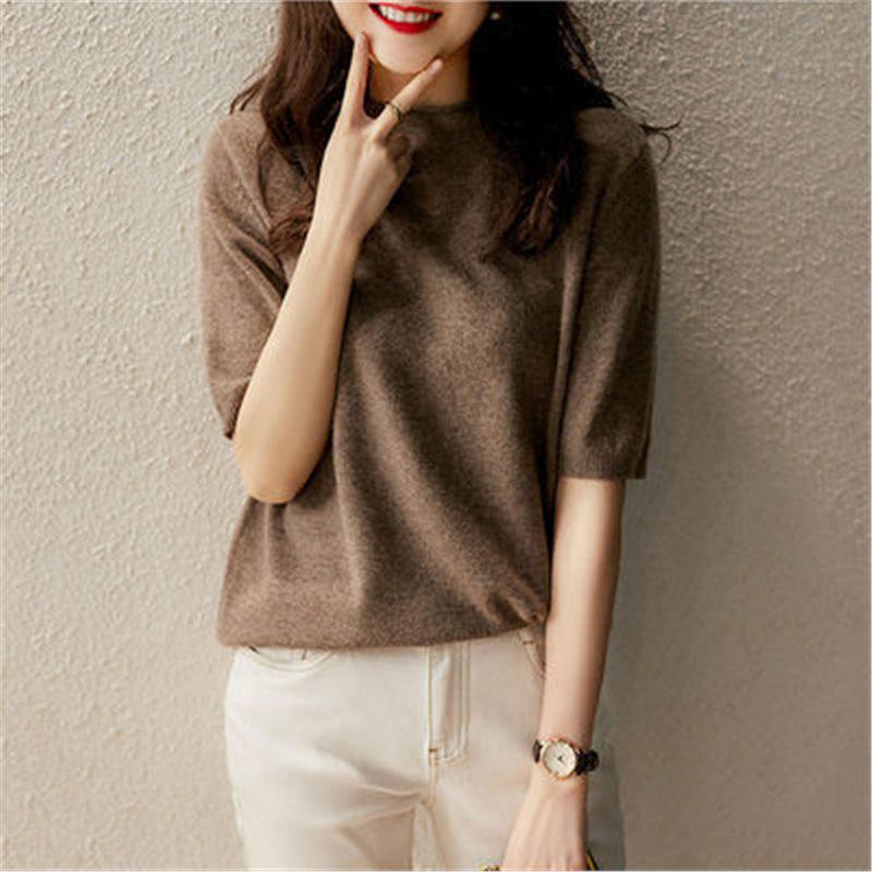 

2024 Summer Women s Ice Silk Slim Fit High Neck Short Sleeve Top One Size