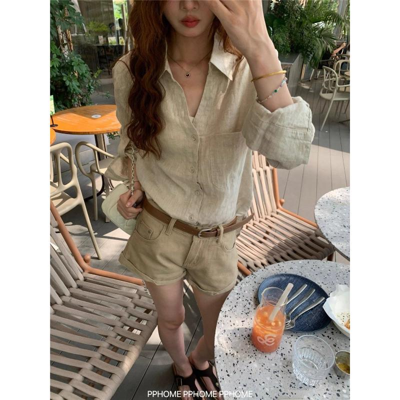 

Women s Beige Linen Blend Set Buttons Elegant Long Sleeve Shirt L бежевий