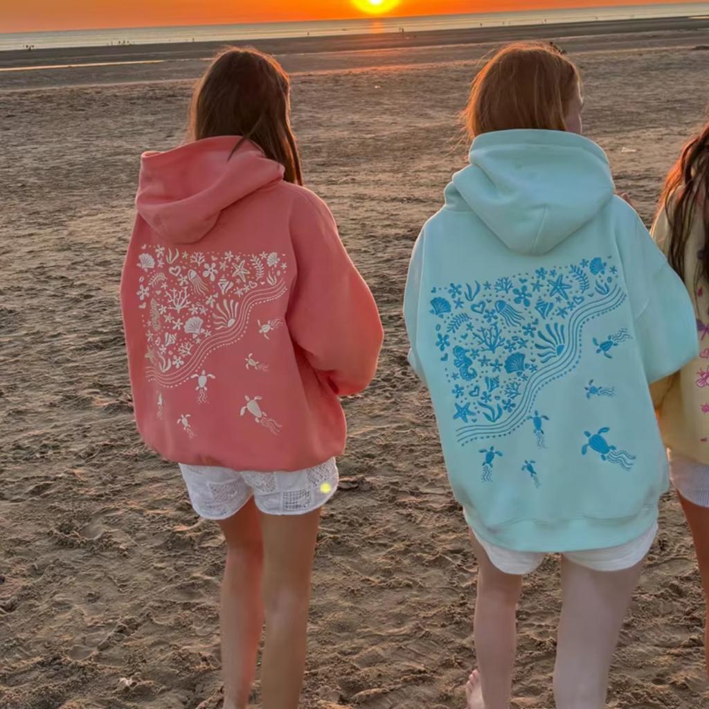 STREETRICH Süße Hoodies für Teenager-Mädchen Grafikstickerei Oversized Preppy Sweatshirt Y2K Langarm Ästhetisches Strand-Kapuzentop