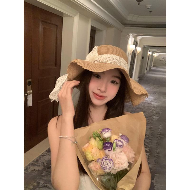 

Соломенная шляпа шляпа с большой тульей летняя новая солнцезащитная шляпа милая шляпа-ведро дышащее кружево бант трава one size fits all хаки