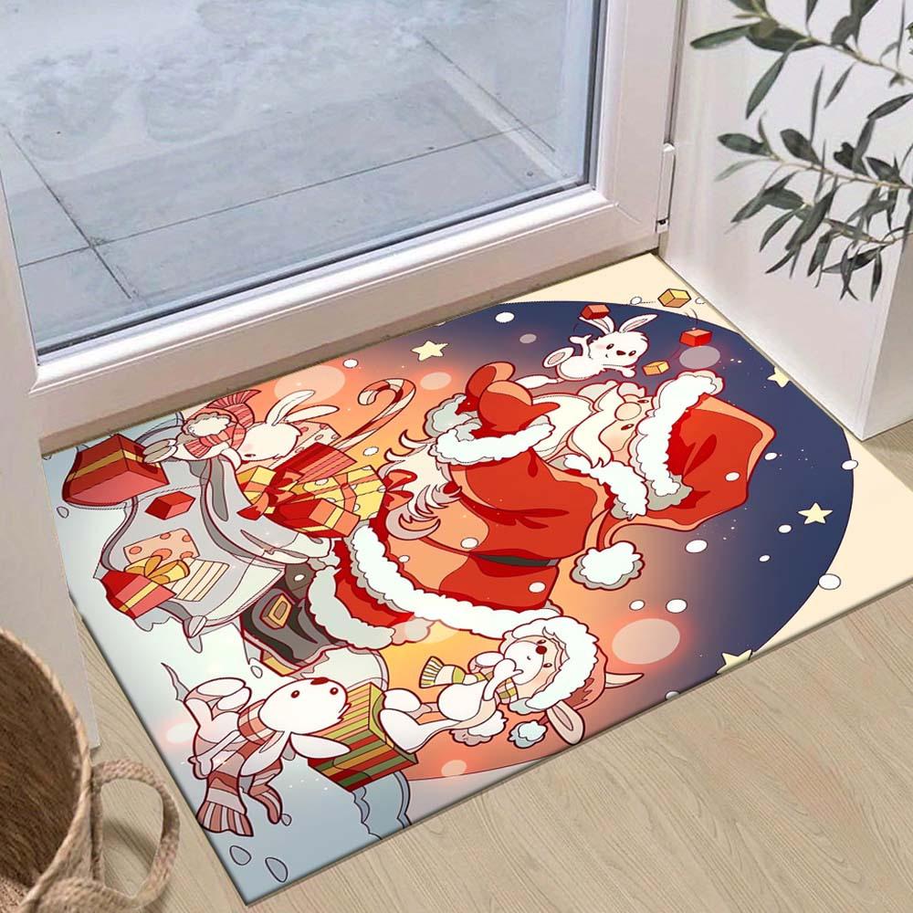 

1pc Christmas Themed Rug, Santa Claus and Cute Rabbit Print, Bedside Carpet, Non slip Laundry Room Mat, Machine Washable Water Absorbing Ent 60cm by 90cm