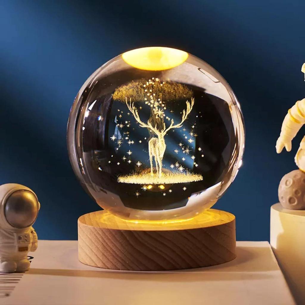 3D Engraved Deer Crystal Globe Lamp | USB LED Night Light with Wooden Base | Creative 6 cm Crystal Ball Table Lamp for Bedroom, Home, (Warm White)