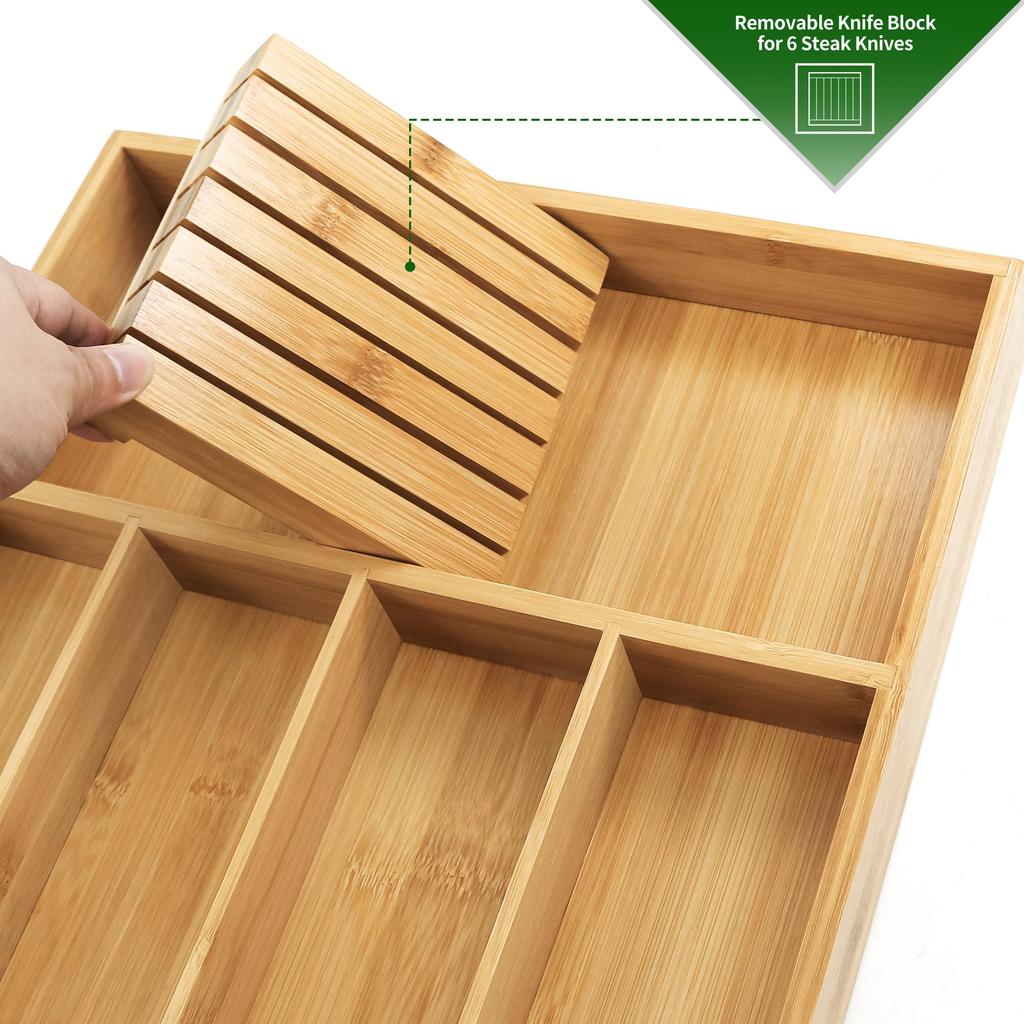 VaeFae Bambus Besteck Organizer Schublade Geschirr Küchenschublade Besteckablage mit Trennwänden und Messerblock Geschirr Organizer (Nicht erweiterbar), Halter,