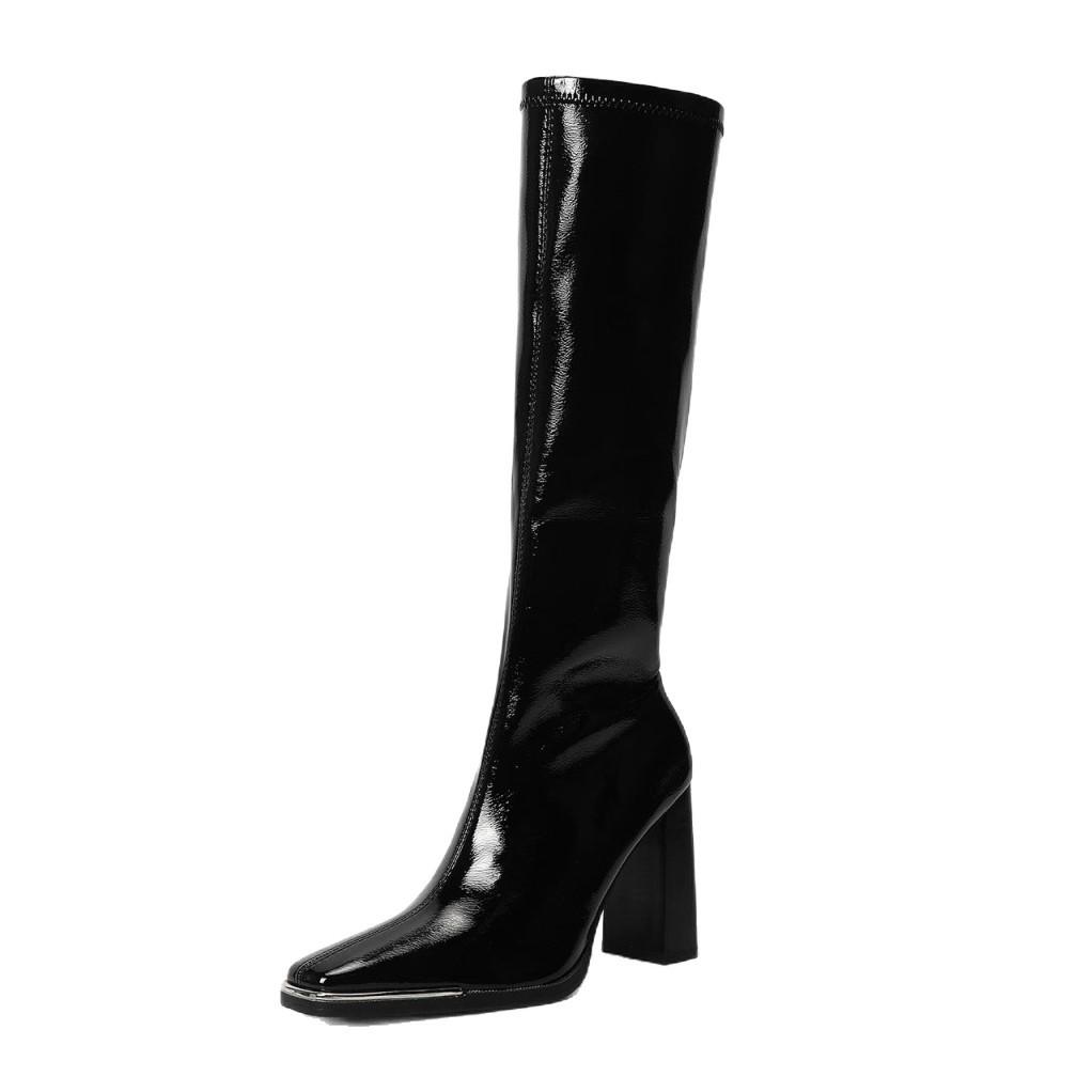 Long boots for women but knee patent leather elastic boots Small square head thin boots Thick heel Spring and Autumn single boots Black long boots Hig