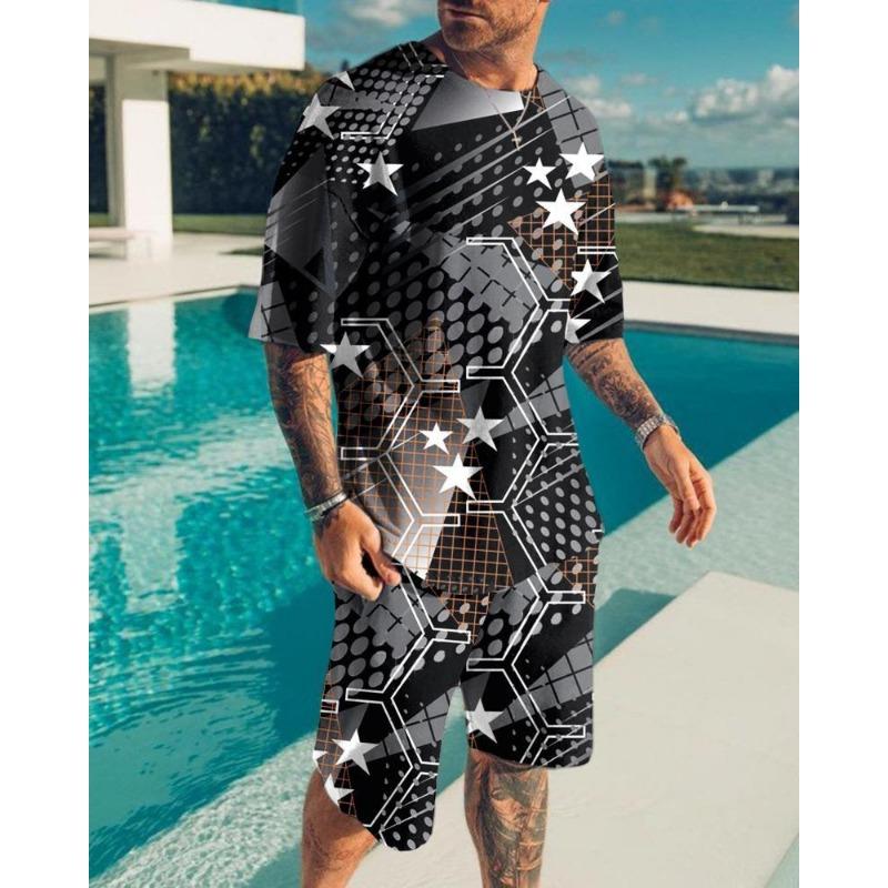 Costum de vară casual la modă pentru bărbați, cu imprimeu 3D cu animale, îmbrăcăminte sport cu mânecă scurtă, supradimensionat, cu gât rotund, șorturi, set de 2 piese