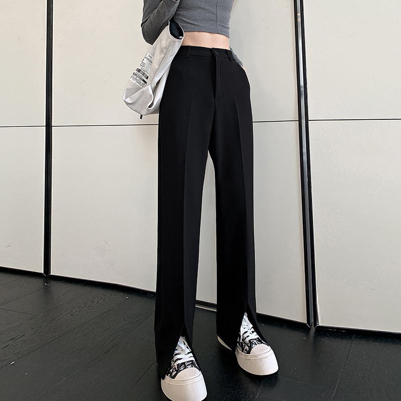 Elegant Fashion Casual Simple Split Office Ladies Pants New Solid Slim Fit Wide Leg Pants Women High Waist Loose Floor Length Trousers Women 2340