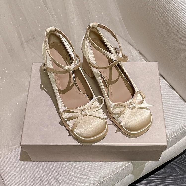 Satin Mary Jane shoes French gentle soft sole small single shoes women's spring 2025 bow lo high heels shallow mouth