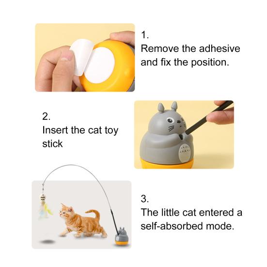 Rotating Cat Teaser Stick Interactive Cat Toy with Feathered Teaser Heads 360-Degree Rotating Base Detachable Wand Self-Play Toy for Small Medium
