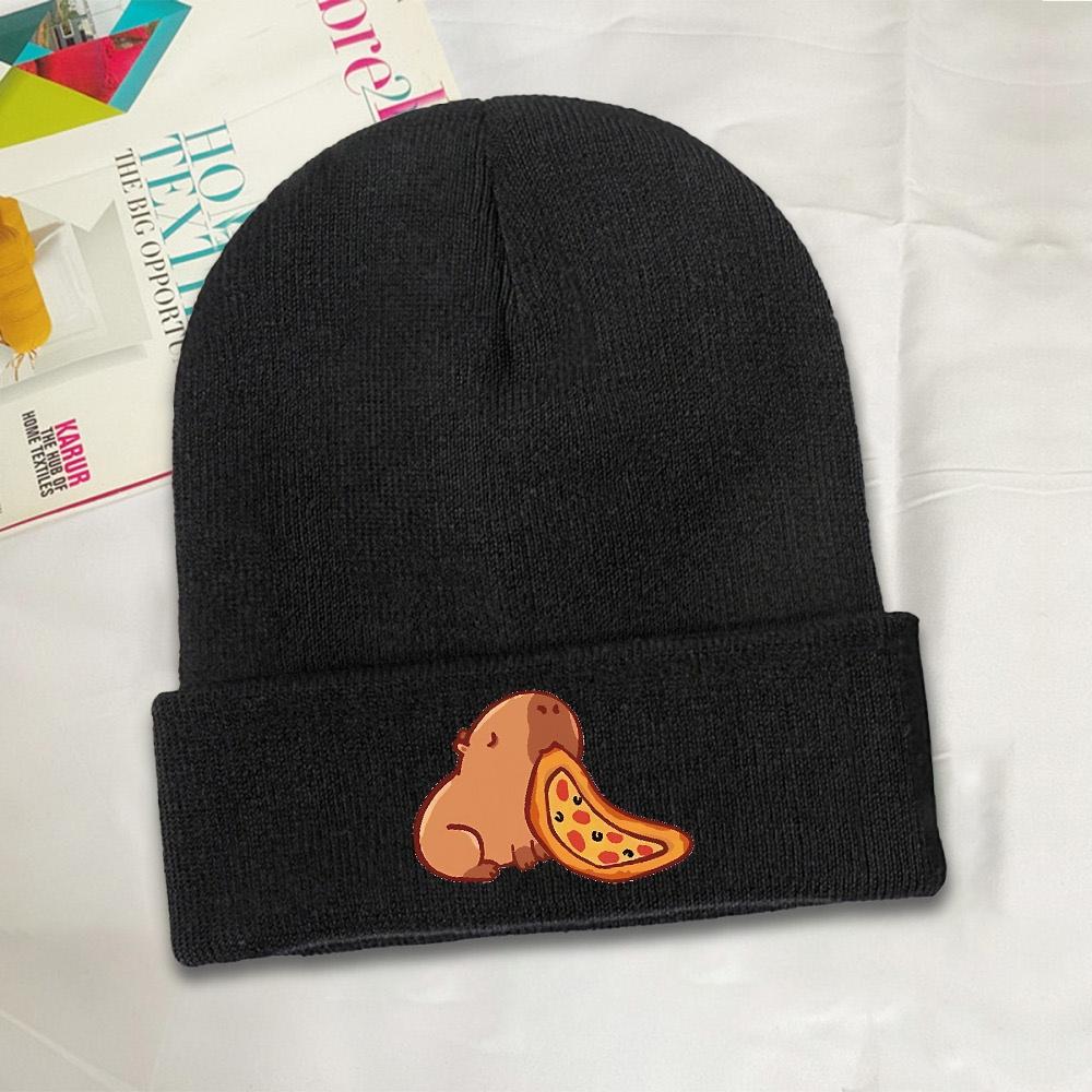 pc Capybara Eating A Pizza Beanie Hats Retro Caps Unisex Women Outdoor Skullies Beanies Winter Graphic Head Wrap Beanie Hat