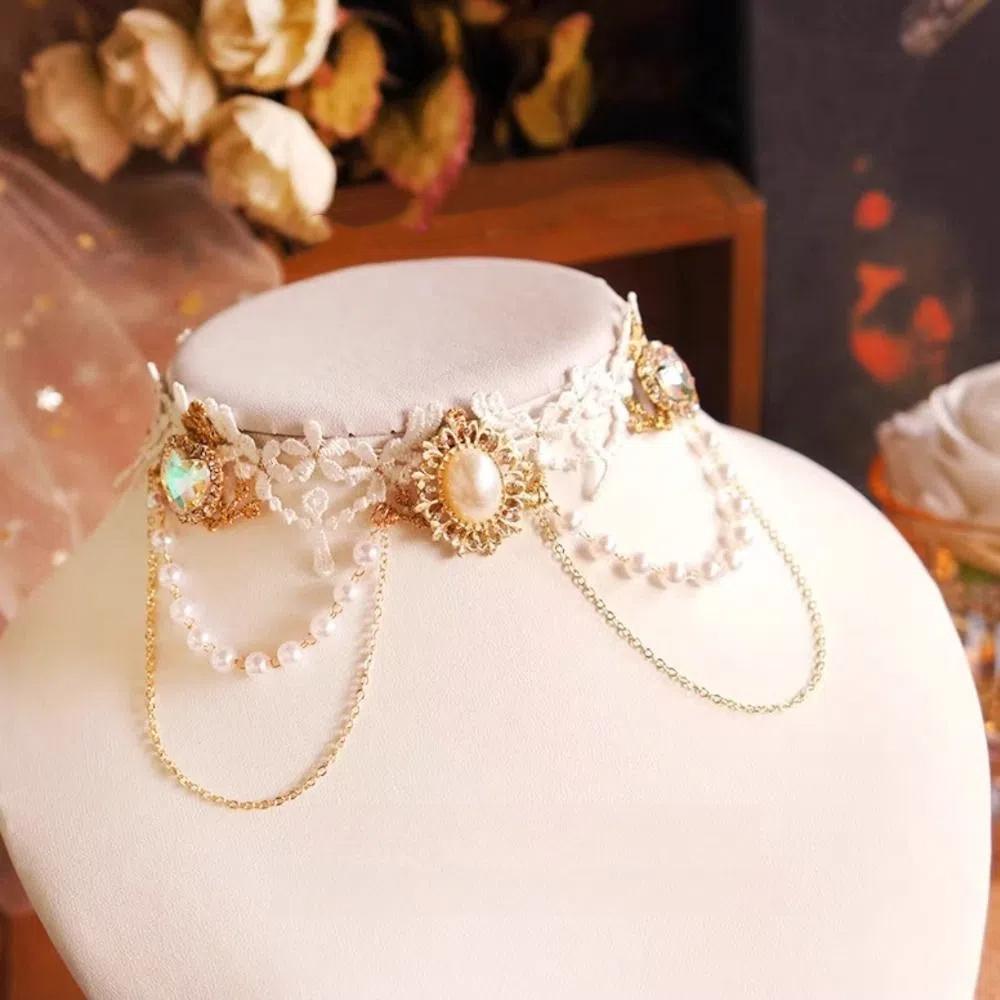 

Vintage Lace Pearl Choker Exquisite Lolita Choker Necklace Rhinestone Tassel Necklace Daily білий