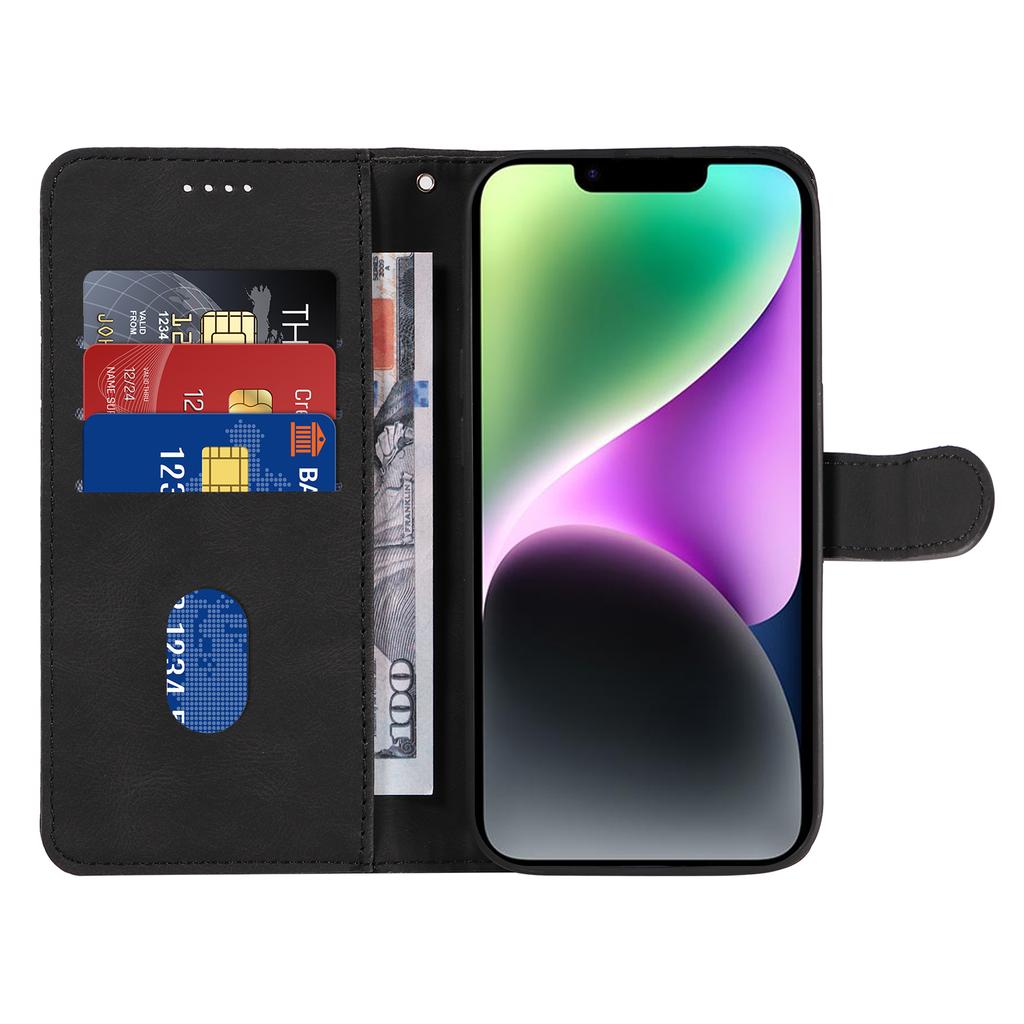 For iPhone 15 Wallet Case Leather Phone Cover Stand with Curved Line Design