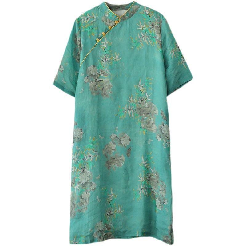 Chinese-style Improved Disc-buckled Cheongsam Skirt, Summer New Stand-up Collar Literary Dress, Retro Printed Cheongsam