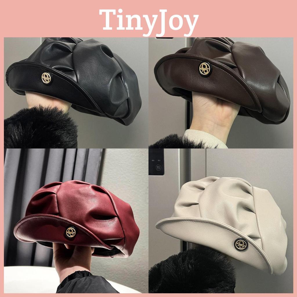 Leather Pu Trendy Beret For Women Vintage Style Sun Protection Cap Painter