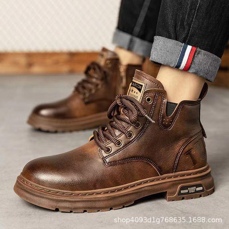 Autumn And Winter Boots Men Plus Fleece New Work Boots Retro British Men High Top Trend Real Leather Cotton Boots M1164