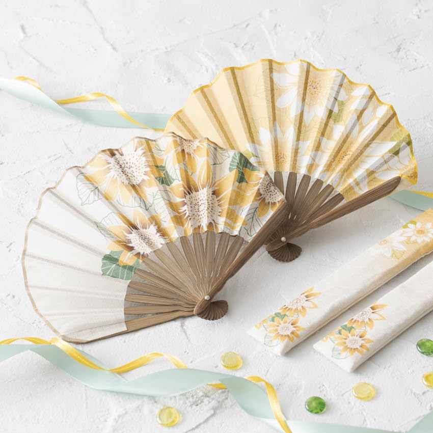Stylish Business Fan Set with Fan Case and Handkerchief Sunflower Design [Osaka Choseido] Women's - (Beige)