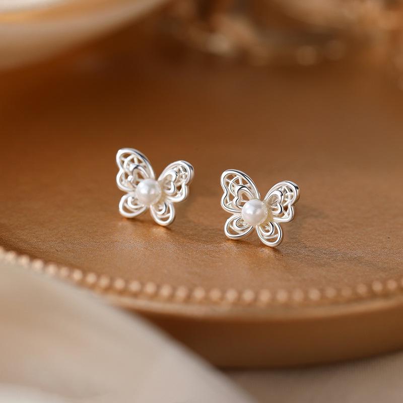 Elegant Butterfly Lace Pearl Stud Earrings - 2025 New Style for Women