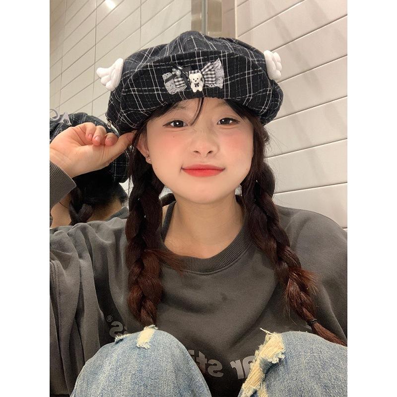 Japanese Cute Plaid Little Bear Wings Cloud Beret Women's Versatile Face Show Small Octagonal Hat Flip Brimmed Painter