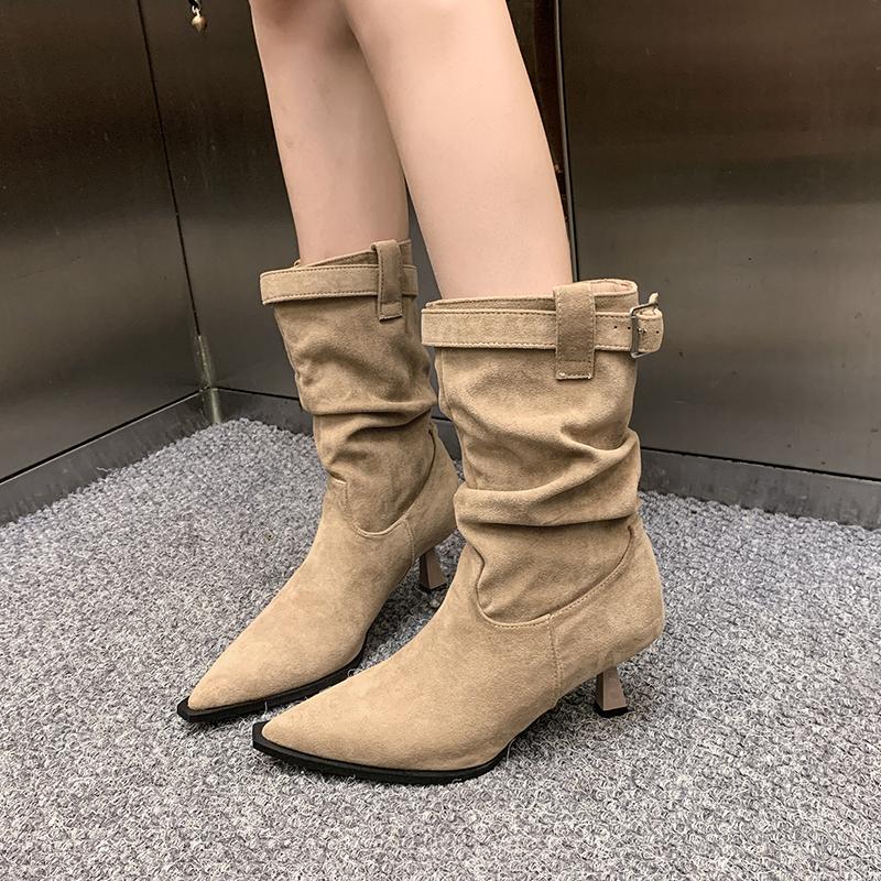 Retro Suede Pointed High-heeled Pleated Pile Boots Women Sexy Style Temperament Belt Buckle Slimming Mid Length Boots for Women
