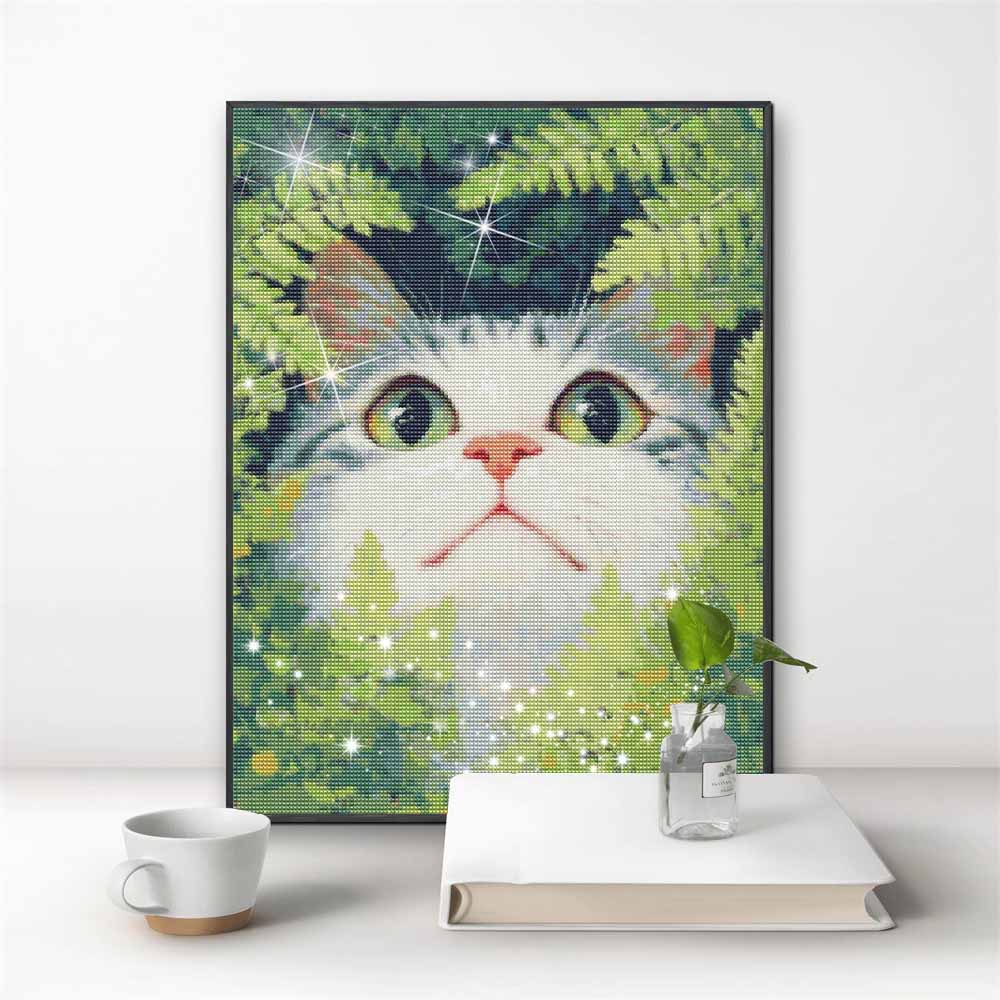 Diamond Painting Kit Cute Cat In Green Forest Full Drill Canvas Art Relaxing Handmade Craft Gift for Women and Adults DIY Home Wall Decor