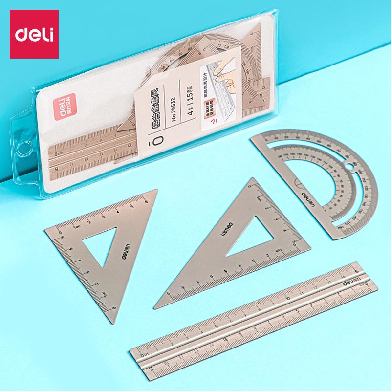 4 in 1 Deli Fizz Metal Ruler Stationery Set Aluminum Alloy Multifunctional Combination Ruler Triangle Protractor for Drawing золотой
