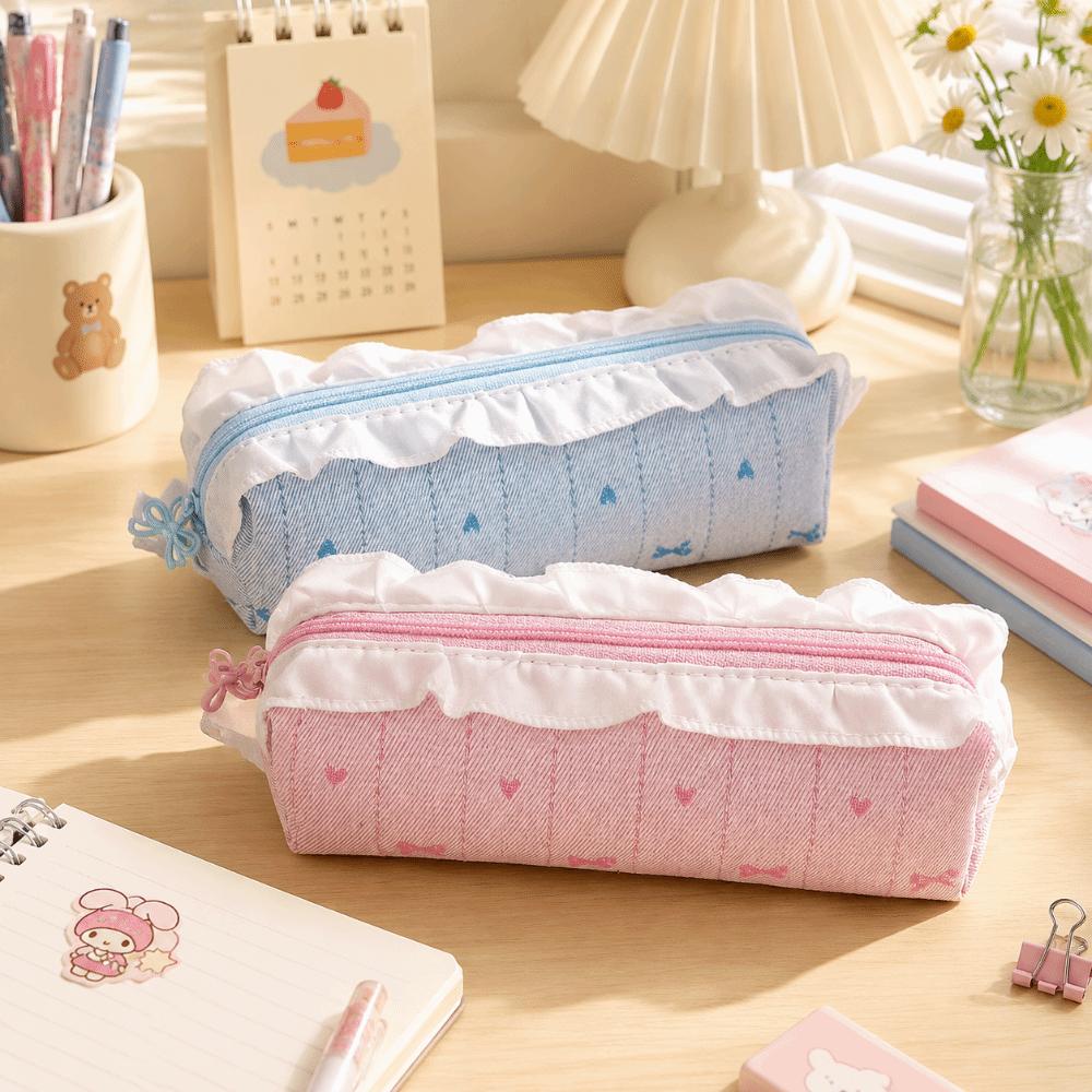 Korean Style Ballet Pencil Case Ruffle Lace Bow Embroidery Pencil Pouch Large Capacity Stationery Organizer Students