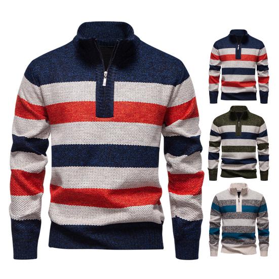 Men Knitted Sweater Color Block Zippered Half Turtleneck Pullover Tops Long Sleeve Half-Zipper Casual Pullover Tops