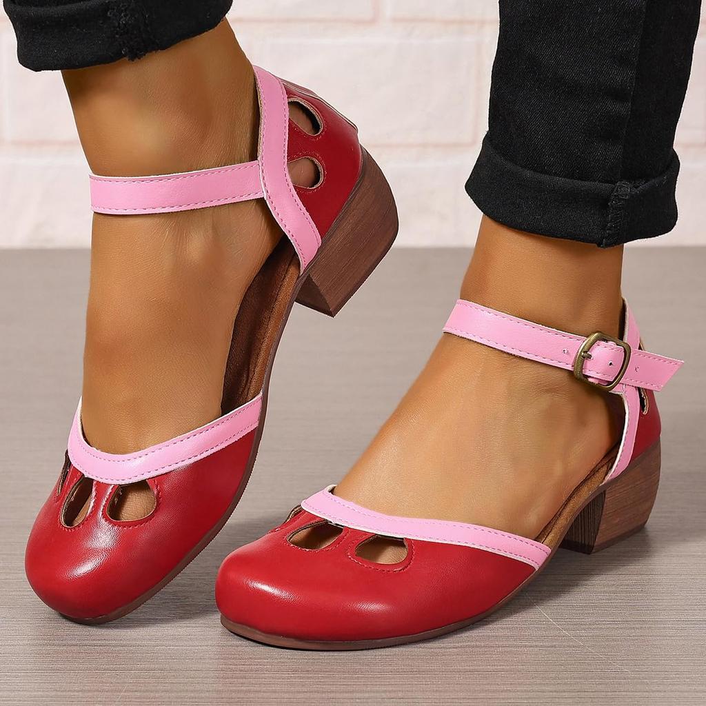 Women Vintage Chunky High Heel Mary Shoes Round Closed Toe Strap Buckle Dress Sandals Mary Pumps