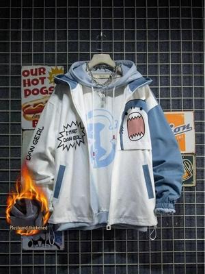 Herren-Hoodie-Jacke im koreanischen Stil, locker geschnitten, farblich abgesetzt, mit Hai-Motiv (Trendy 2025)