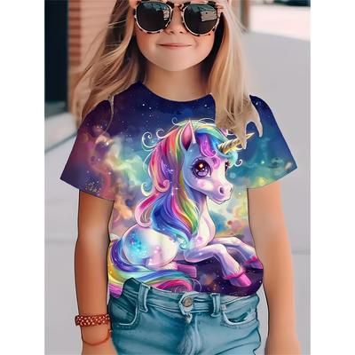 Vivid Rainbow Unicorn T-shirt for Girls - Lightweight Knitted Short Sleeve T-shirt with Asymmetric Collar for Comfortable Fit