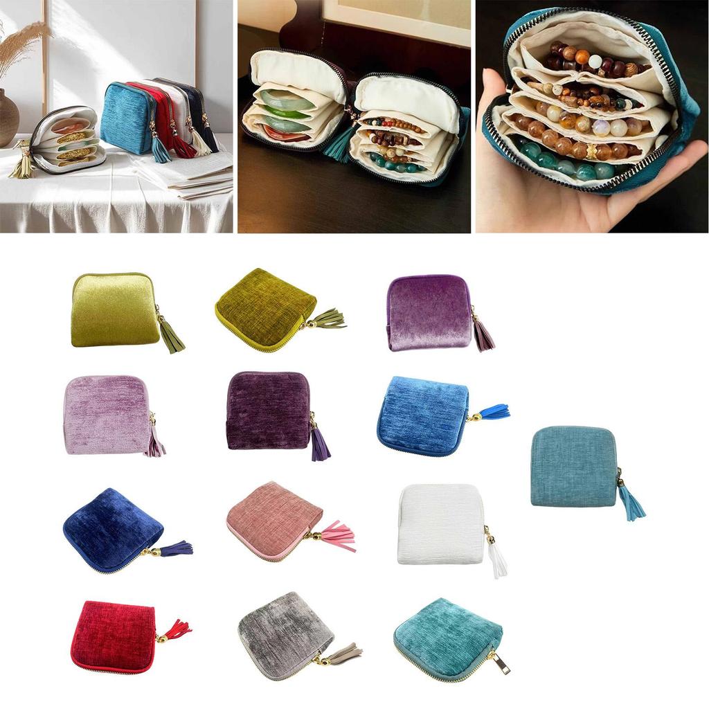 Case Organizer for Rings Bracelets Necklaces Earrings Velvet Chenille Tassel Zipper Storage Bag