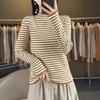 Knitted Sweater with Semi-high Collar, Versatile Long-sleeved Striped Inner Layer for Women, Loose-fitting Pullover Base Shirt