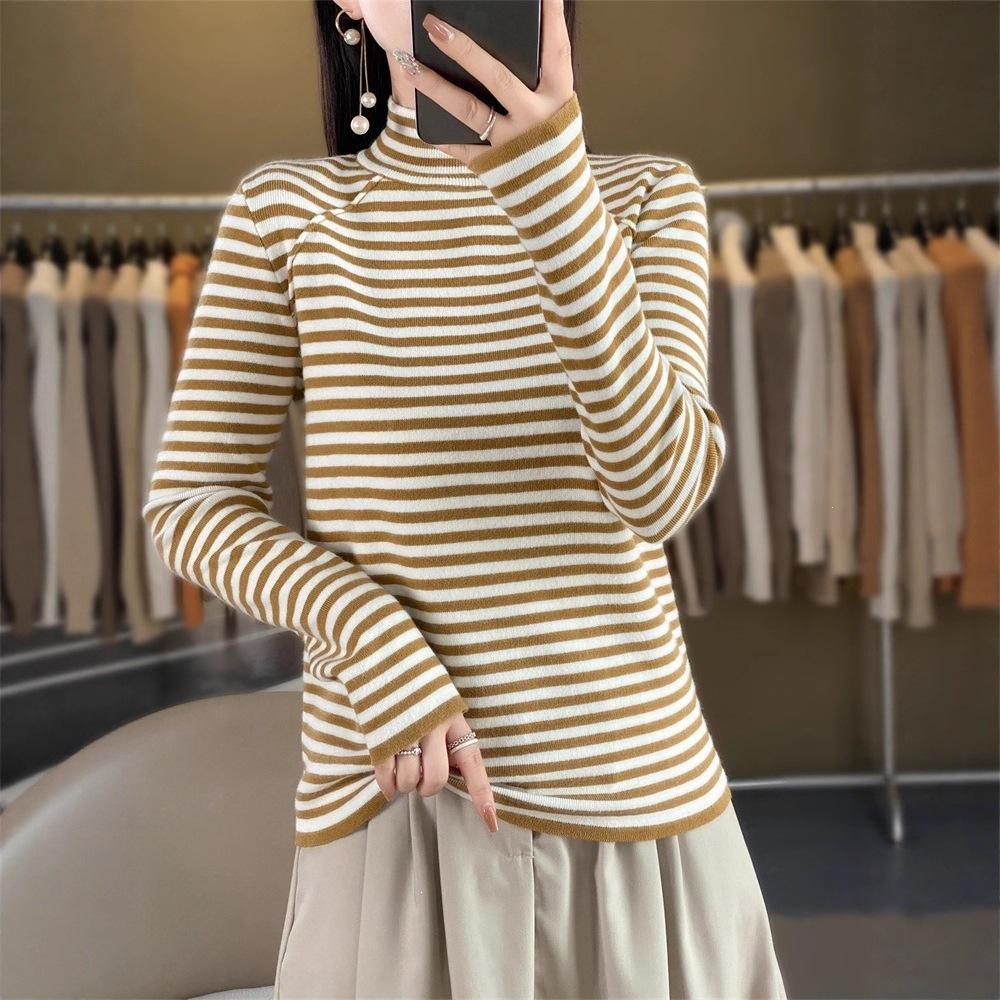 Knitted Sweater with Semi-high Collar, Versatile Long-sleeved Striped Inner Layer for Women, Loose-fitting Pullover Base Shirt