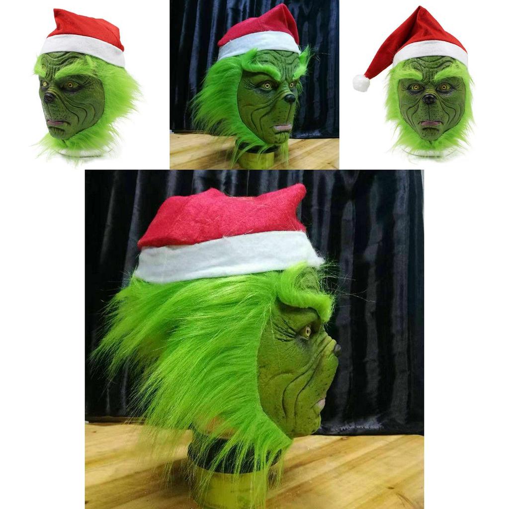 Zlobivý zelený příšera Grinchova maska s vánoční čepicí pro dospělé pro zábavu při cosplayi