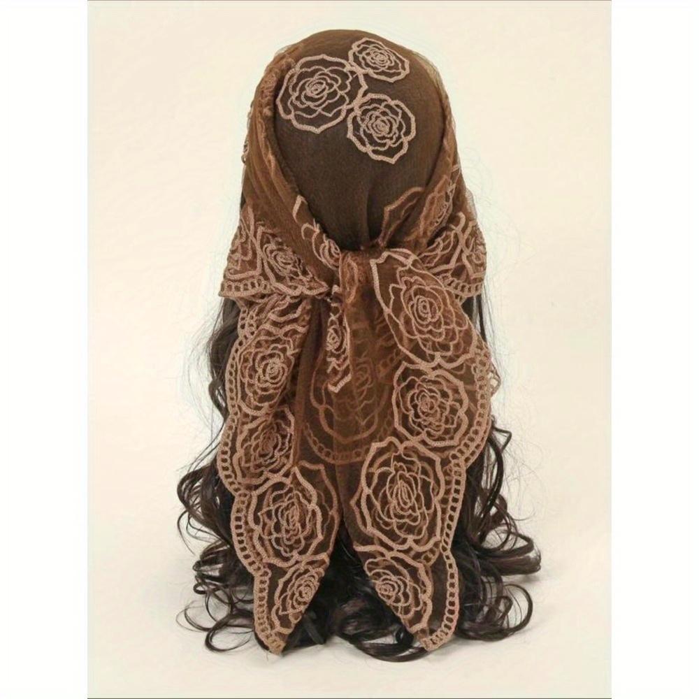 Spring Floral Mesh Scalloped Design Headscarf, Bohemian Floral Embroidered Wrap, Suitable For Women In All Seasons