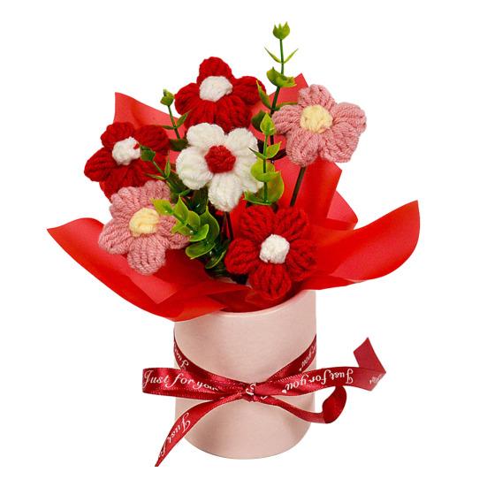 Crochet Flower Bouquet Handmade Artificial Knitted Bouquet Fake Sunflower Carnation Tulip Puff Flowers Gifts for Mother Wife On Birthday Anniversary