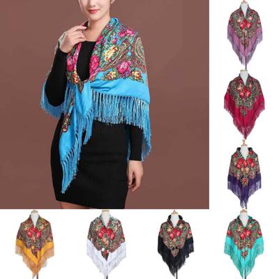 Ethnic Style Retro Shawl Scarf with Tassel Flower Print Autumn Winter Warm Square Fringed Head Wrap for Wedding Party KTB