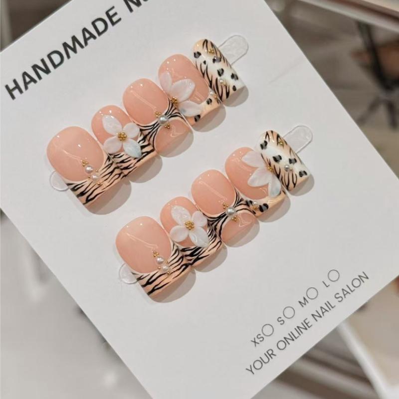 Handmade Short Square Press On Nails Nude Color with Zebra Print Floral Design S