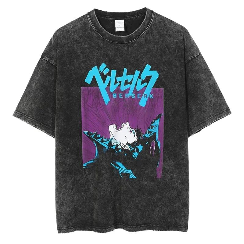 Camiseta Lavada Estampada de Anime Berserk Guts para Hombre Algodón de Alta Calidad Camisetas Vintage Oversize Street Tee Harajuku Camiseta Masculina
