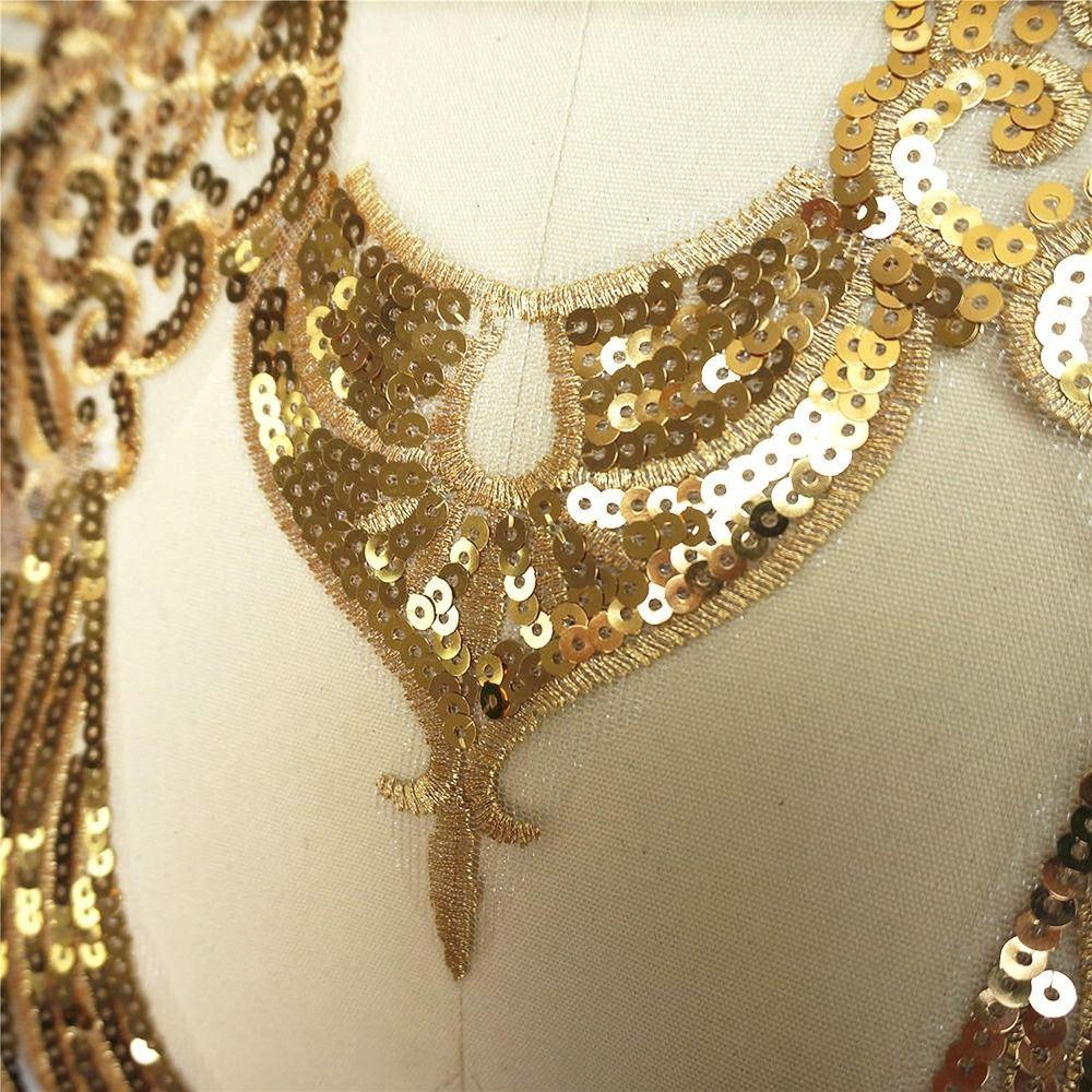 Gauze Sequins Thread Sequined Embroidery Patches Gold DIY Embroidery Sequin Lace Applique Collar Applique
