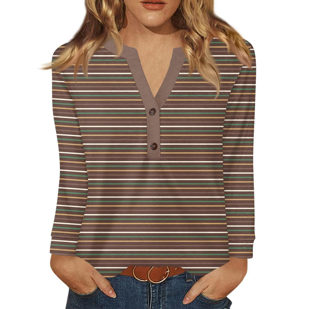 Dámské tričko s potiskem, knoflíky, dlouhý rukáv, denní, víkendová móda, základní, výstřih do V, běžný top