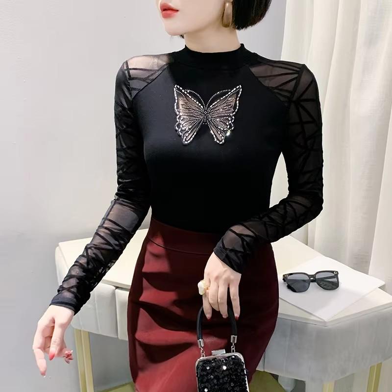 Spring Autumn Classic Butterfly Hot Diamonds T-Shirt Sexy Women Cotton Tees Fashion Streetwear Girl Tops Shirts