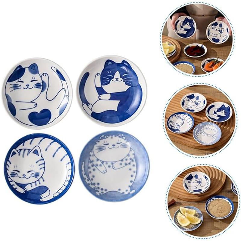 1/4pcs Ceramic Dessert Dessert Pickles Tableware Japanese Cute Creative Cartoon Lucky Cat Pattern Spice Fruit Sushi Plate