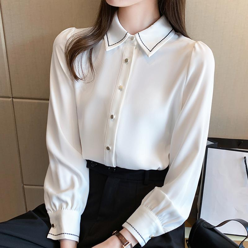 Kadın Bluzlar Gömlekler 2025 Bahar Uzun Kollu Kadın Bluz Gömlek Turn Down Yaka Ofis Bayan Siyah Beyaz Şifon Bluz Gömlek Kadın Üstler J863