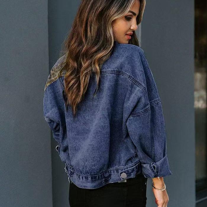 GMXIA Jachetă de denim de toamnă iarnă Jachetă de denim cu mânecă lungă pentru femei Patchwork cu imprimeu leopard