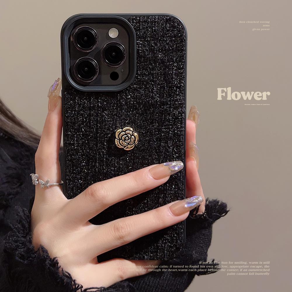 

Tweed Camellia Apple 16 Mobile Phone Case 14promax Autumn and Winter 15 Applicable To IPhone 13 Little Flavor 11 12pro(6.1)