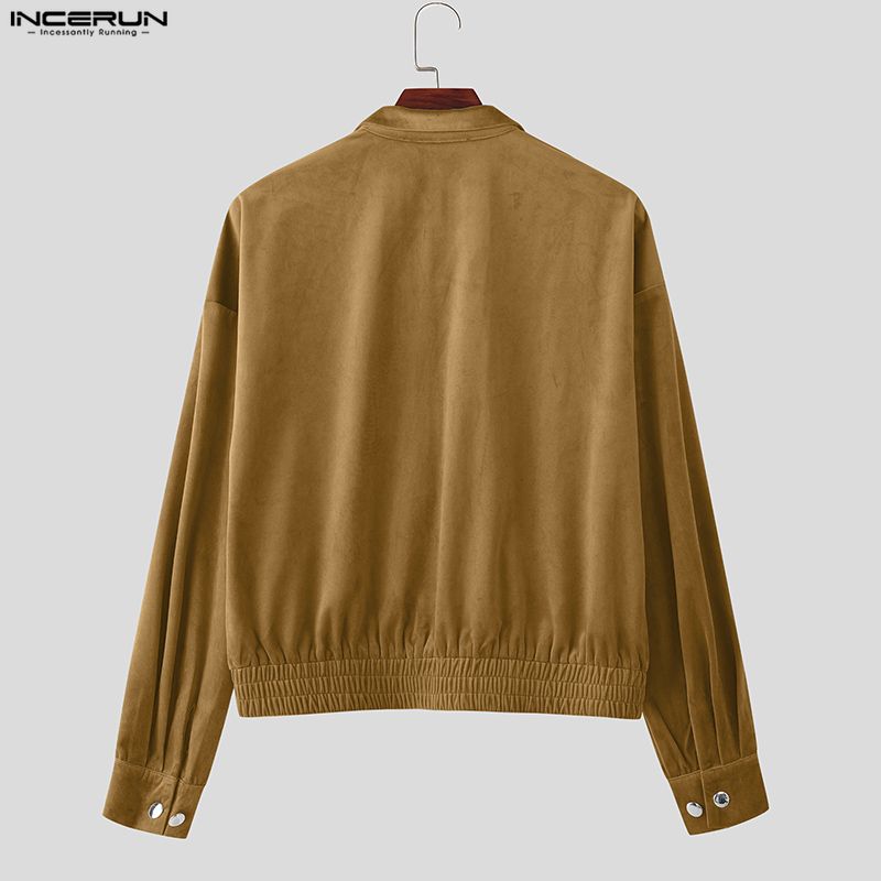 INCERUN Men Lapel Neck Long Sleeve Zip-up Suede Oversized Jackets Coats