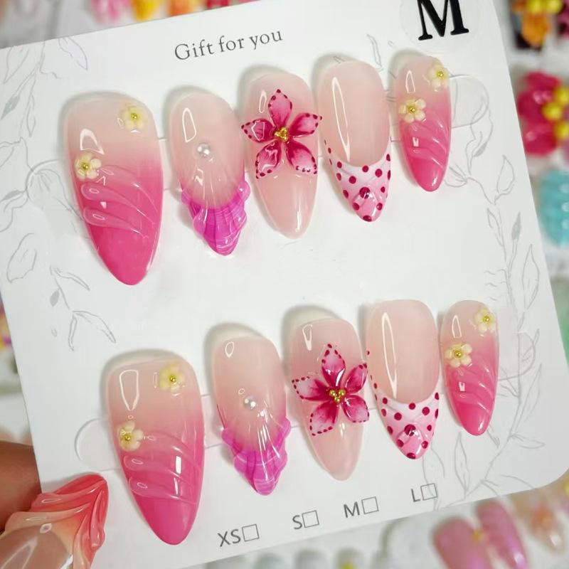 24pcs Pink Gradient Almond Nails with 3D Seashell Flowers and Rhinestone Pearls