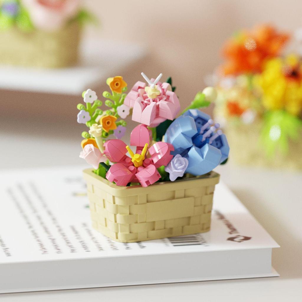 Bright Flower Basket: Preserved Flower & Succulent Building Block Set for Desktop Decor & Birthday Gifts