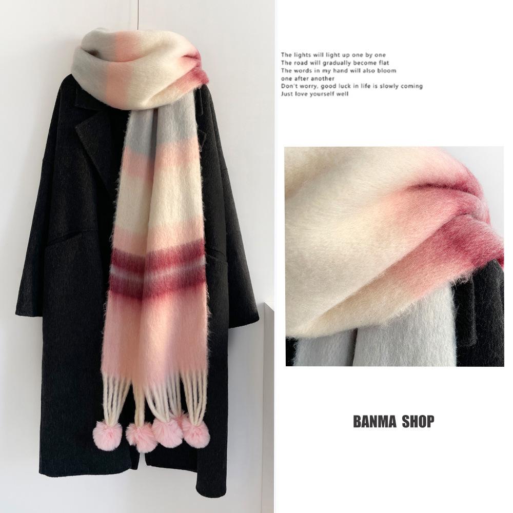 Winter Rainbow Striped Scarf Soft Hanging Hairball Scarf Mohair Thickened Warm Student Cold Scarf Shawl